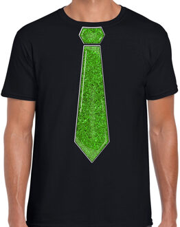 Bellatio Decorations Verkleed shirt heren - stropdas glitter groen - zwart - carnaval - foute party XL