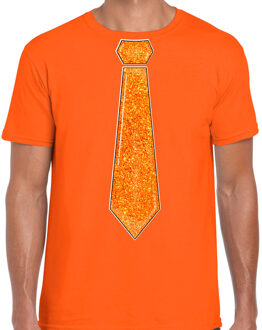 Bellatio Decorations Verkleed shirt heren - stropdas glitter oranje - oranje - carnaval- foute party 2XL