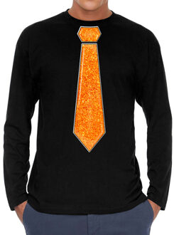 Bellatio Decorations Verkleed shirt heren - stropdas glitter oranje - zwart - carnaval - longsleeve 2XL