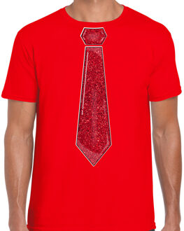 Bellatio Decorations Verkleed shirt heren - stropdas glitter rood - rood - carnaval - foute party L