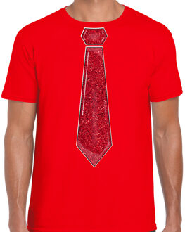 Bellatio Decorations Verkleed shirt heren - stropdas glitter rood - rood - carnaval - foute party XL