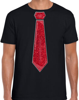 Bellatio Decorations Verkleed shirt heren - stropdas glitter rood - zwart - carnaval - foute party XL