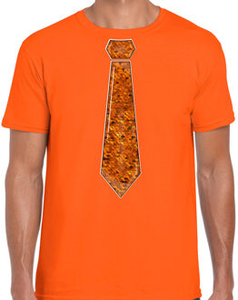 Bellatio Decorations Verkleed shirt heren - stropdas paillet oranje - oranje - carnaval - foute party 2XL