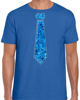 Bellatio Decorations Verkleed shirt heren - stropdas pailletten blauw - blauw- carnaval- foute party M