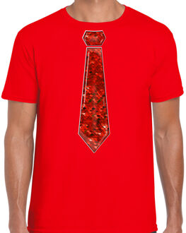 Bellatio Decorations Verkleed shirt heren - stropdas pailletten rood - rood - carnaval - foute party L