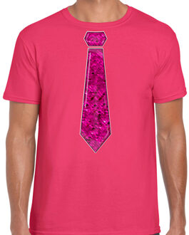 Bellatio Decorations Verkleed shirt heren - stropdas pailletten roze - roze - carnaval- foute party L