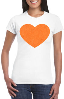 Bellatio Decorations Verkleed shirt voor dames - hart - wit - oranje glitter - carnaval/themafeest L