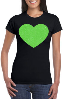 Bellatio Decorations Verkleed shirt voor dames - hart - zwart - groen glitter - carnaval/themafeest S