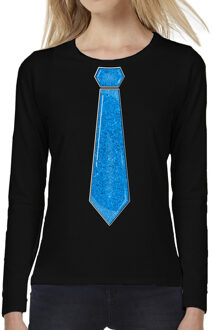 Bellatio Decorations Verkleed shirt voor dames - stropdas blauw - zwart - carnaval - foute party - longsleeve
