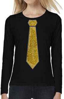 Bellatio Decorations Verkleed shirt voor dames - stropdas goud - zwart - carnaval - foute party - longsleeve 2XL