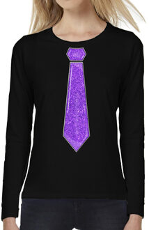Bellatio Decorations Verkleed shirt voor dames - stropdas paars - zwart - carnaval - foute party - longsleeve