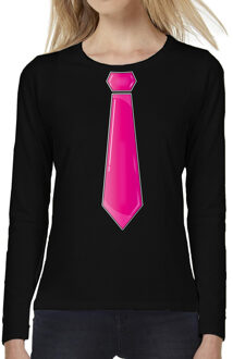 Bellatio Decorations Verkleed shirt voor dames - stropdas roze - zwart - carnaval - foute party - longsleeve