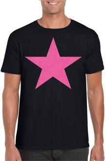 Bellatio Decorations Verkleed shirt voor heren - ster - zwart - roze glitter - carnaval/themafeest L