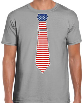 Bellatio Decorations Verkleed shirt voor heren - stropdas Amerika - grijs - supporter - themafeest 2XL