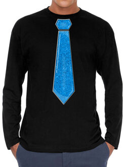 Bellatio Decorations Verkleed shirt voor heren - stropdas glitter blauw - zwart - carnaval - foute party - longsleeve