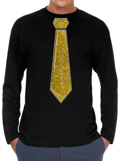 Bellatio Decorations Verkleed shirt voor heren - stropdas glitter goud - zwart - carnaval - foute party - longsleeve
