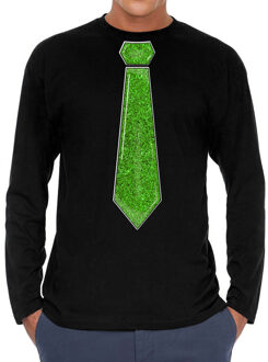 Bellatio Decorations Verkleed shirt voor heren - stropdas glitter groen - zwart - carnaval - foute party - longsleeve