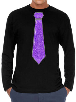 Bellatio Decorations Verkleed shirt voor heren - stropdas glitter paars - zwart - carnaval - foute party - longsleeve