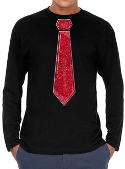 Bellatio Decorations Verkleed shirt voor heren - stropdas glitter rood - zwart - carnaval - foute party - longsleeve