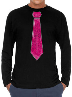 Bellatio Decorations Verkleed shirt voor heren - stropdas glitter roze - zwart - carnaval - foute party - longsleeve