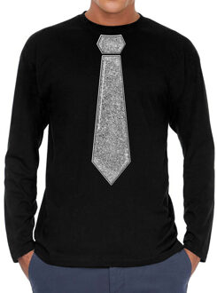Bellatio Decorations Verkleed shirt voor heren - stropdas glitter zilver - zwart - carnaval - foute party - longsleeve