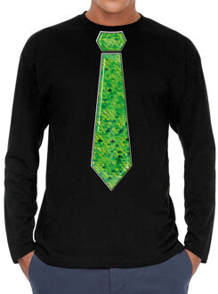 Bellatio Decorations Verkleed shirt voor heren - stropdas pailletten groen - zwart - carnaval - foute party - longsleeve