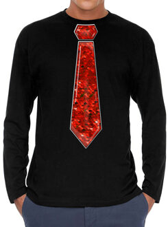 Bellatio Decorations Verkleed shirt voor heren - stropdas pailletten rood - zwart - carnaval - foute party - longsleeve