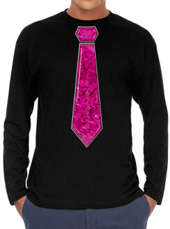 Bellatio Decorations Verkleed shirt voor heren - stropdas pailletten roze - zwart - carnaval - foute party - longsleeve