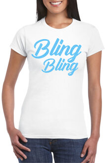 Bellatio Decorations Verkleed T-shirt dames - bling - wit - blauw glitter - carnaval/themafeest 2XL