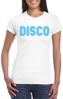 Bellatio Decorations Verkleed T-shirt dames - disco - wit - blauw glitter - jaren 70/80 - carnaval 2XL