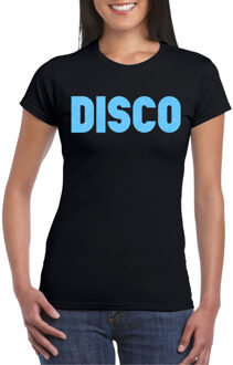 Bellatio Decorations Verkleed T-shirt dames - disco - zwart - blauw glitter - jaren 70/80 - carnaval L