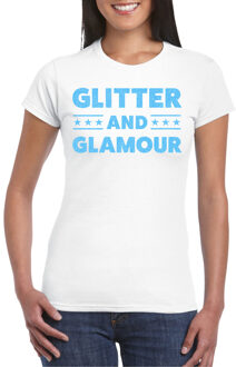 Bellatio Decorations Verkleed T-shirt dames - glitter and glamour - wit - blauw glitter - carnaval 2XL