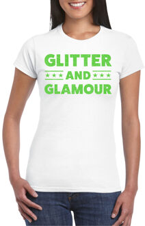 Bellatio Decorations Verkleed T-shirt dames - glitter and glamour - wit - groen glitter - carnaval 2XL