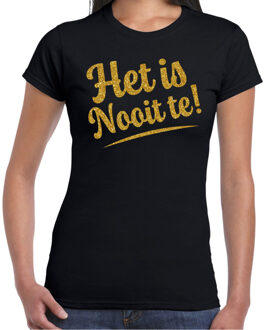 Bellatio Decorations Verkleed T-shirt dames - het is nooit te! - zwart - glitter goud - foute party