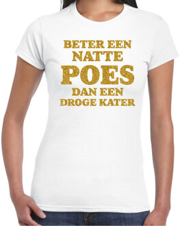 Bellatio Decorations Verkleed T-shirt dames - natte poes droge kater -? wit - glitter goud - themafeest fout/goud/stout S