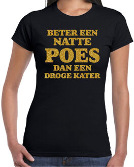 Bellatio Decorations Verkleed T-shirt dames - natte poes droge kater -? zwart - glitter goud - themafeest fout/goud/stout M