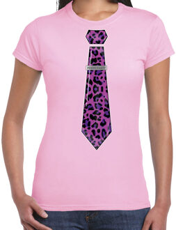 Bellatio Decorations Verkleed T-shirt dames - panterprint stropdas - roze - foute party - carnaval XS