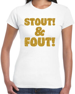 Bellatio Decorations Verkleed T-shirt dames - stout! en fout! - wit - glitter goud - themafeest fout/goud/stout M