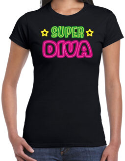 Bellatio Decorations verkleed t-shirt dames - Super diva - zwart - neon letters - carnaval 2XL