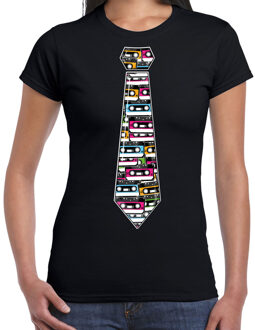 Bellatio Decorations Verkleed T-shirt dames - zwart - cassettebandjes stropdas - foute party/themafeest 2XL