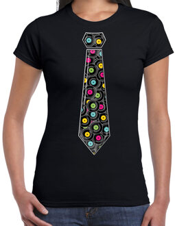 Bellatio Decorations Verkleed T-shirt dames - zwart - lang speelplaten stropdas - foute party/themafeest 2XL