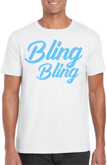 Bellatio Decorations Verkleed T-shirt heren - bling - wit - blauw glitter - carnaval/themafeest 2XL