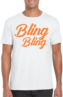 Bellatio Decorations Verkleed T-shirt heren - bling - wit - oranje glitter - carnaval/themafeest L