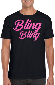 Bellatio Decorations Verkleed T-shirt heren - bling - zwart - roze glitter - carnaval/themafeest 2XL