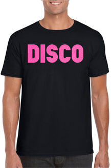 Bellatio Decorations Verkleed T-shirt heren - disco - zwart - roze glitter - jaren 70/80 - carnaval 2XL