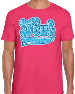 Bellatio Decorations Verkleed T-shirt heren - FOUT - roze - blauw panter look letters - fout/goud/stout XL