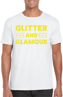 Bellatio Decorations Verkleed T-shirt heren - glitter and glamour - wit - geel glitter - carnaval L