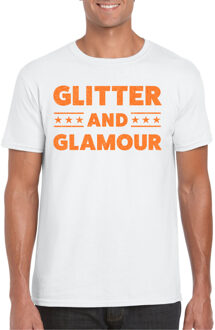 Bellatio Decorations Verkleed T-shirt heren - glitter and glamour - wit - oranje glitter - carnaval 2XL