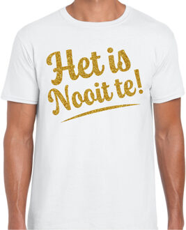 Bellatio Decorations Verkleed T-shirt heren - Het is Nooit te! - wit - glitter goud - foute party XL