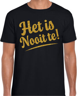 Bellatio Decorations Verkleed T-shirt heren - Het is Nooit te! - zwart - glitter goud - foute party S